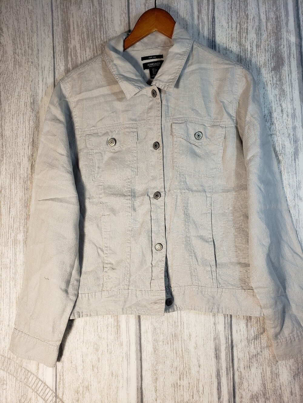 Jones & Co. Light Gray 100% Linen Trucker Jean-Style Jacket Large